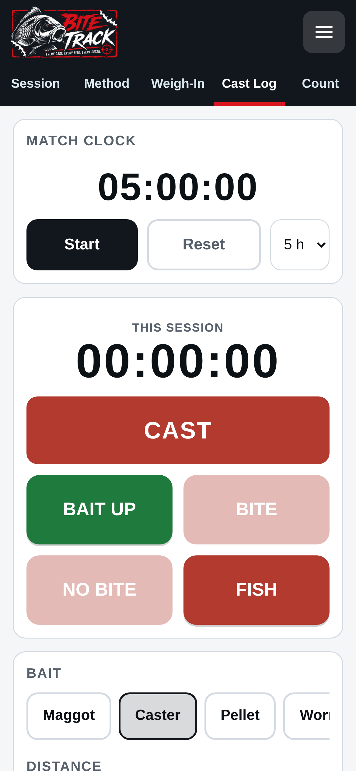 BiteTrack cast log screen